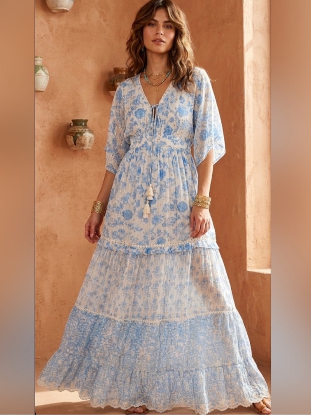 Hemant & Nandita Mina Blue Floral Metallic Lurex Maxi Dress Size Medium